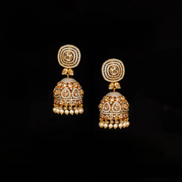 Ratan Polki Jhumkay (Gold Plated) by Jewels by RF, view 3